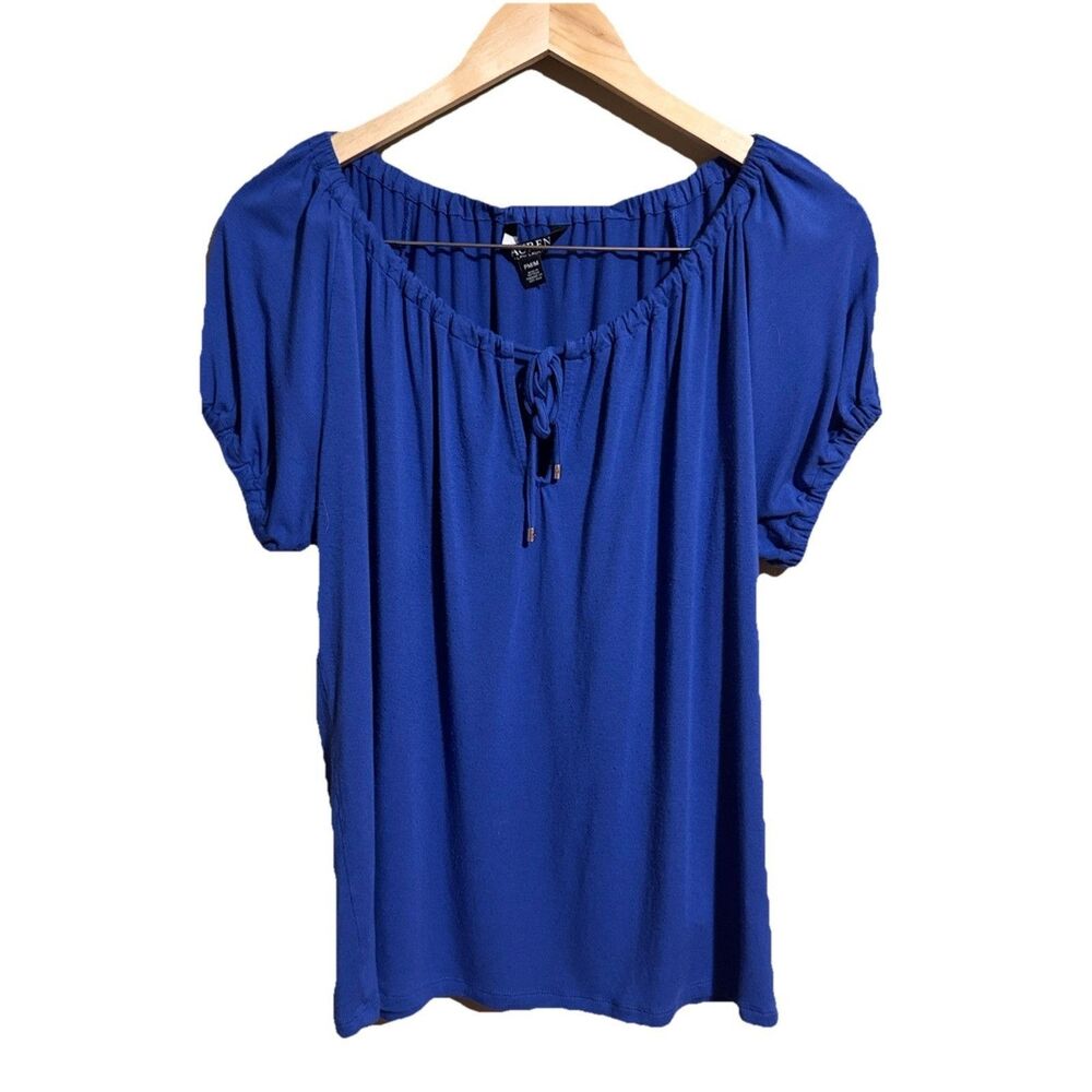 Ralph Lauren Top Women Petite Medium Blue Peasant Short Sleeve Black Label